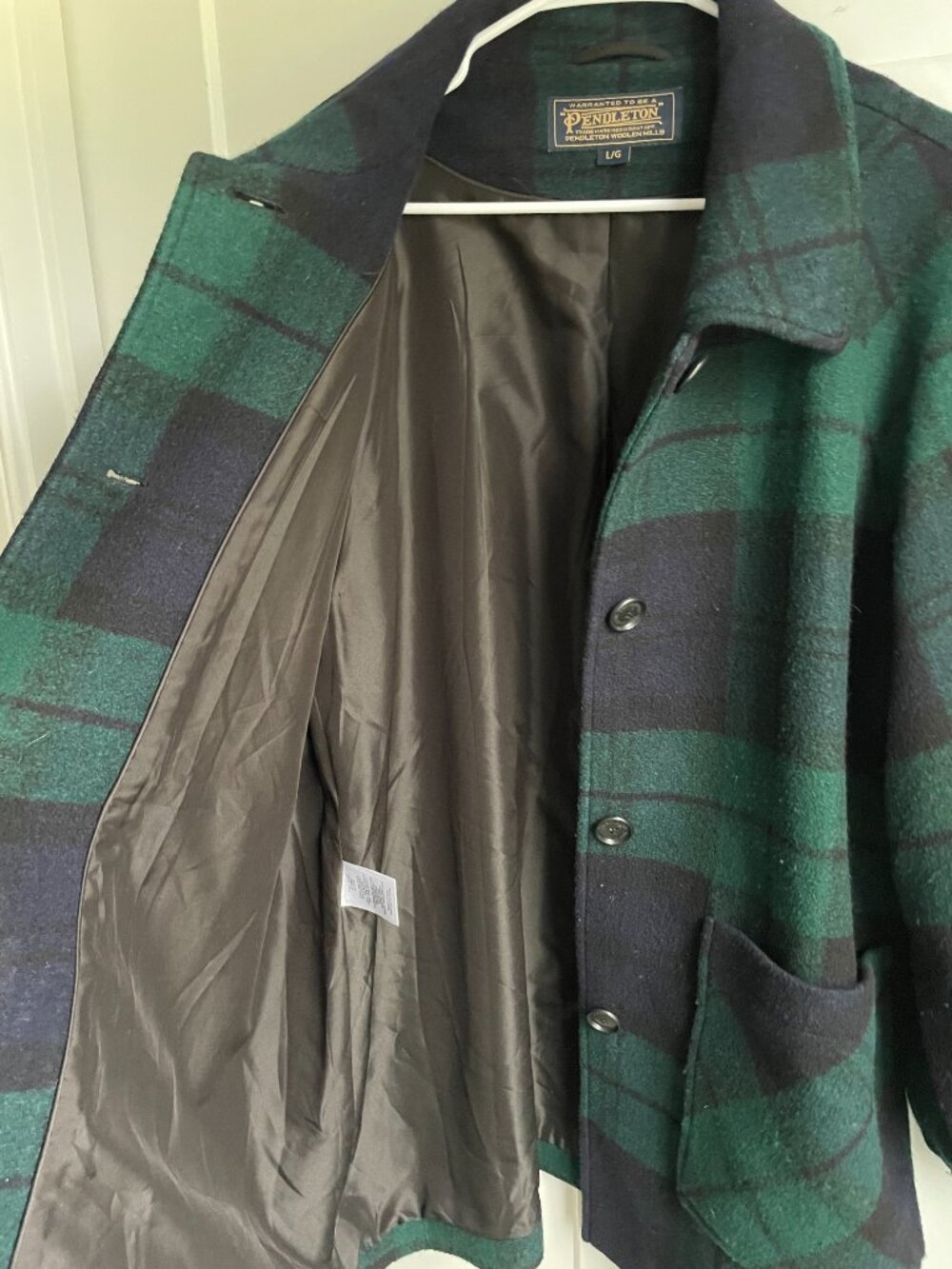 Pendleton Black Watch Plaid Wool Coat Jacket Forest Green Navy Blue Large L - Picture 10 of 15